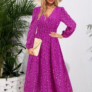 Printed Surplice Long Sleeve Midi Dress